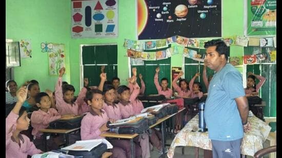Students at a government-run primary school in Prayagraj. (HT file)