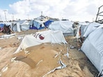 Damaged tents at a beach camp shelter in Khan Younis, southern Gaza Strip. REUTERS Damaged tents at a beach camp shelter in Khan Younis, southern Gaza Strip. REUTERS