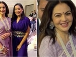 Nita Ambani dazzles in lavender saree with exquisite diamond and pearl accessories. Nita Ambani dazzles in lavender saree with exquisite diamond and pearl accessories.