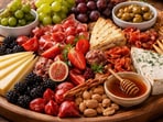 A wooden serving platter holds a stunning charcuterie board with cheeses, fruits, and nuts, perfect for festive celebrations.(AI generated)