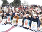 Himachal chief minister Sukhvinder Singh Sukhu along with other Congress leaders during protest on The Ridge on Monday. (Deepak Sansta/HT)