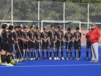 Players attending the hockey clinic at Punjab Agricultural University on Sunday. (Gurpreet Singh/HT)