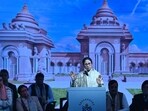 West Bengal chief minister Mamata Banerjee speaks at a ceremony for laying the foundation stone of Durga Angan, a temple complex dedicated to Goddess Durga in New Town in Kolkata (Hindustan Times/Samir Jana)