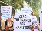 A group of women activists gather at Jantar Mantar in protest to oppose the conditional bail granted to former Uttar Pradesh MLA Kuldeep Singh Sengar in the Unnao rape case, A group of women activists gather at Jantar Mantar in protest to oppose the conditional bail granted to former Uttar Pradesh MLA Kuldeep Singh Sengar in the Unnao rape case,