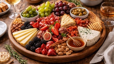 A wooden serving platter holds a stunning charcuterie board with cheeses, fruits, and nuts, perfect for festive celebrations. (AI generated) A wooden serving platter holds a stunning charcuterie board with cheeses, fruits, and nuts, perfect for festive celebrations. (AI generated)