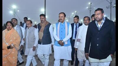 Deputy chief minister Keshav Prasad Maurya in Sangam area on Monday. (HT Photo)