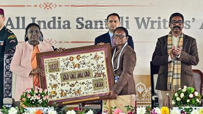 President Droupadi Murmu being felicitated during the centenary celebrations of Ol Chiki, in Jamshedpur on Monday. (ANI) President Droupadi Murmu being felicitated during the centenary celebrations of Ol Chiki, in Jamshedpur on Monday. (ANI)