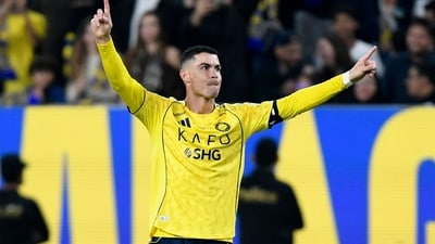 Al Nassr's Cristiano Ronaldo celebrates scoring their third goal before it is disallowed after a VAR review. (REUTERS)
