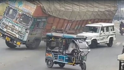 The loaded truck is seen toppling over the Bolero, completely crushing it. (Sourced) The loaded truck is seen toppling over the Bolero, completely crushing it. (Sourced)