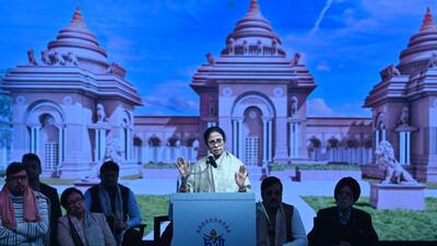 West Bengal chief minister Mamata Banerjee speaks at a ceremony for laying the foundation stone of Durga Angan, a temple complex dedicated to Goddess Durga in New Town in Kolkata (Hindustan Times/Samir Jana) West Bengal chief minister Mamata Banerjee speaks at a ceremony for laying the foundation stone of Durga Angan, a temple complex dedicated to Goddess Durga in New Town in Kolkata (Hindustan Times/Samir Jana)