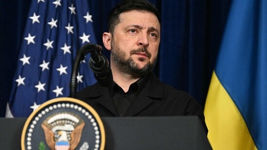 Ukranian President Volodymyr Zelensky speaks during a press conference with US President Donald Trump following talks at Trump's Mar-a-Lago residence in Palm Beach, Florida, on December 28, 2025. (AFP)