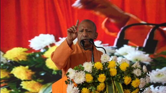 Uttar Pradesh chief minister Yogi Adityanath at an event in Gorakhpur on Monday. (HT PHOTO)