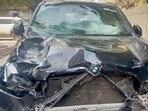 Eyewitnesses described a severe impact that caused the car, with the injured cyclist, to skid nearly 100 meters before hitting a streetlight pole and stopping on the footpath. (Sunil Ghosh/HT Photo)