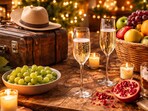Midnight celebrations feature grapes, suitcases, fruit, and champagne, capturing joyful rituals people follow to welcome luck, travel, and fresh beginnings.(Ai generated)