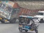The loaded truck is seen toppling over the Bolero, completely crushing it. (Sourced) The loaded truck is seen toppling over the Bolero, completely crushing it. (Sourced)