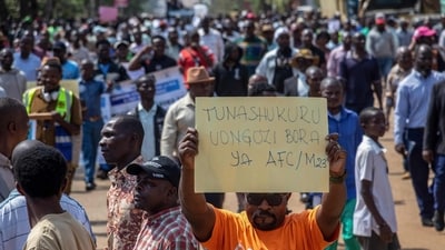 Protesters take part in a march organised by civil society groups in South Kivu to demand peace and the organization of a dialogue in Bukavu on December 23, 2025. After seizing the major cities of Goma and Bukavu early this year, fighters from the Rwanda-backed M23 group captured Uvira near the border with Burundi on December 10. (AFP) Protesters take part in a march organised by civil society groups in South Kivu to demand peace and the organization of a dialogue in Bukavu on December 23, 2025. After seizing the major cities of Goma and Bukavu early this year, fighters from the Rwanda-backed M23 group captured Uvira near the border with Burundi on December 10. (AFP)