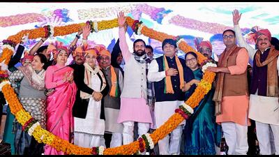Haryana chief minister Nayab Singh Saini during the Viksit Gurugram Maha Rally on Tuesday. (ANI)