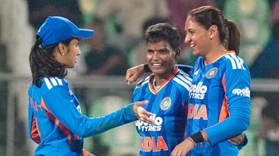 Jemimah Rodrigues, Deepti Sharma and captain Harmanpreet Kaur celebrate a wicket during the third T20I. (PTI) Jemimah Rodrigues, Deepti Sharma and captain Harmanpreet Kaur celebrate a wicket during the third T20I. (PTI)