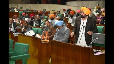 Punjab CM Bhagwant Mann speaks during the special session of the Punjab Vidhan Sabha, in Chandigarh, Tuesday. (HT) Punjab CM Bhagwant Mann speaks during the special session of the Punjab Vidhan Sabha, in Chandigarh, Tuesday. (HT)
