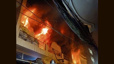 The blaze that erupted on Monday night was doused by Tuesday morning. Fire officials say the reason behind he inferno is being looked into. (Gurpreet Singh/HT) The blaze that erupted on Monday night was doused by Tuesday morning. Fire officials say the reason behind he inferno is being looked into. (Gurpreet Singh/HT)