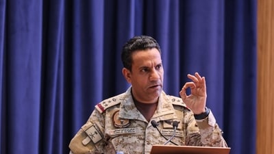Saudi-led coalition spokesperson Maj. Gen. Turki al-Maliki at a news conference in Riyadh, Saudi Arabia, last week.