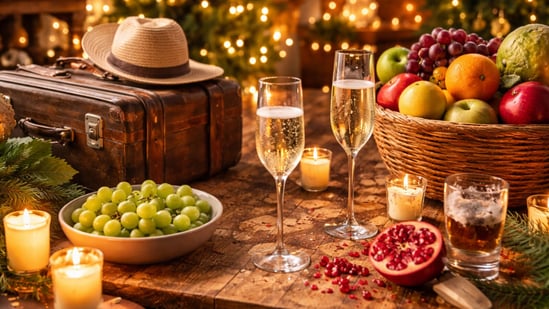 Midnight celebrations feature grapes, suitcases, fruit, and champagne, capturing joyful rituals people follow to welcome luck, travel, and fresh beginnings. (Ai generated)