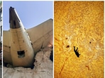 Among the images that caught the world's eye and captured some of the significant events of 2025 are shown in the image - Nepal's gen Z protests (L), Air India plane crash in Ahmedabad (M), and the viral 'The fall of Iracus' image. 