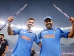 Rohit Sharma and Virat Kohli celebrate the team's win in the ICC Champions Trophy 2025.