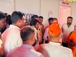 During the protest, vehicles of senior BJP leaders, including former Union Minister Dr Bhagwat Karad, were blocked, causing disruption in the area. (HT PHOTO) During the protest, vehicles of senior BJP leaders, including former Union Minister Dr Bhagwat Karad, were blocked, causing disruption in the area. (HT PHOTO)
