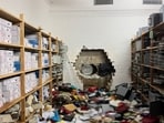 A hole gapes in a wall after thieves drilled into the vault of a Sparkasse savings bank in Gelsenkirchen, Germany.
