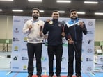 Kiran Ankush Jadhav (centre), Arjun Babuta (left) and Aishwary Pratap Tomar( right) in 10m air podium at the National Shooting Championships. (NRAI)