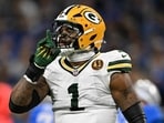 Green Bay Packers defensive end Micah Parsons (1) celebrates after a play against the Detroit Lions 