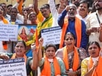 Bengaluru: Members of various Hindu organisations raise slogans during a protest condemning reported incidents of violence against Hindus in Bangladesh. Bengaluru: Members of various Hindu organisations raise slogans during a protest condemning reported incidents of violence against Hindus in Bangladesh.