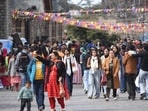 People strolling on The Ridge in Shimla on Tuesday. (Deepak Sansta/HT)