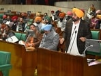Punjab CM Bhagwant Mann speaks during the special session of the Punjab Vidhan Sabha, in Chandigarh, Tuesday. (HT) Punjab CM Bhagwant Mann speaks during the special session of the Punjab Vidhan Sabha, in Chandigarh, Tuesday. (HT)
