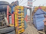 The overturned truck on Sidhwan Bet Road. (HT Photo) The overturned truck on Sidhwan Bet Road. (HT Photo)