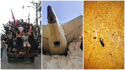 Among the images that caught the world's eye and captured some of the significant events of 2025 are shown in the image - Nepal's gen Z protests (L), Air India plane crash in Ahmedabad (M), and the viral 'The fall of Iracus' image. (AFP/PTI/X-@AJamesMcCarthy)