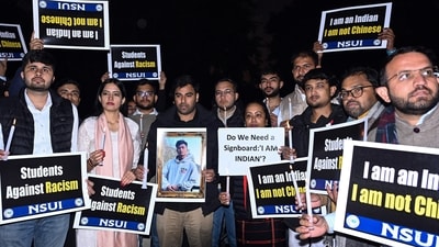 NSUI members hold a candle march to protest the mob lynching of student Angel Chakma, at Jantar Mantar, in New Delhi on Tuesday. (ANI) NSUI members hold a candle march to protest the mob lynching of student Angel Chakma, at Jantar Mantar, in New Delhi on Tuesday. (ANI)