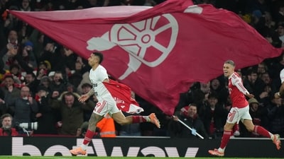 Arsenal's Gabriel Jesus celebrates after scoring his side's fourth goal during the English Premier League soccer match between Arsenal and Aston Villa in London, Tuesday, Dec. 30, 2025. (AP photo/Alastair Grant) (AP) Arsenal's Gabriel Jesus celebrates after scoring his side's fourth goal during the English Premier League soccer match between Arsenal and Aston Villa in London, Tuesday, Dec. 30, 2025. (AP photo/Alastair Grant) (AP)