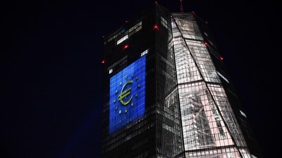 A projection of a Euro currency sign is pictured on the facade of the European Central Bank (ECB) headquarters in Frankfurt, in celebration of Bulgaria's accession to the euro area. (AFP) A projection of a Euro currency sign is pictured on the facade of the European Central Bank (ECB) headquarters in Frankfurt, in celebration of Bulgaria's accession to the euro area. (AFP)