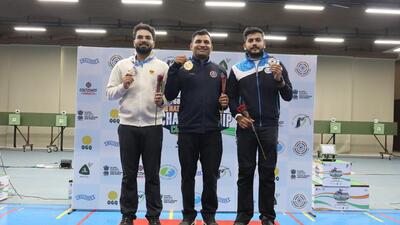 Kiran Ankush Jadhav (centre), Arjun Babuta (left) and Aishwary Pratap Tomar( right) in 10m air podium at the National Shooting Championships. (NRAI) Kiran Ankush Jadhav (centre), Arjun Babuta (left) and Aishwary Pratap Tomar( right) in 10m air podium at the National Shooting Championships. (NRAI)