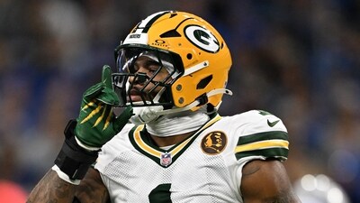 Green Bay Packers defensive end Micah Parsons (1) celebrates after a play against the Detroit Lions (IMAGN IMAGES via Reuters Connect)