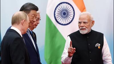 Prime Minister Narendra Modi (right) with Chinese President Xi Jinping and Russian President Vladimir Putin during the Shanghai Cooperation Council Summit. (PMO) Prime Minister Narendra Modi (right) with Chinese President Xi Jinping and Russian President Vladimir Putin during the Shanghai Cooperation Council Summit. (PMO)