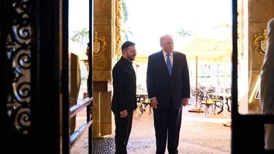 US President Donald Trump (R) welcoming Ukranian President Volodymyr Zelensky (L) prior to their talks on ending the war with Russia at Trump's Mar-a-Lago estate in Palm Beach, Florida. (AFP) US President Donald Trump (R) welcoming Ukranian President Volodymyr Zelensky (L) prior to their talks on ending the war with Russia at Trump's Mar-a-Lago estate in Palm Beach, Florida. (AFP)