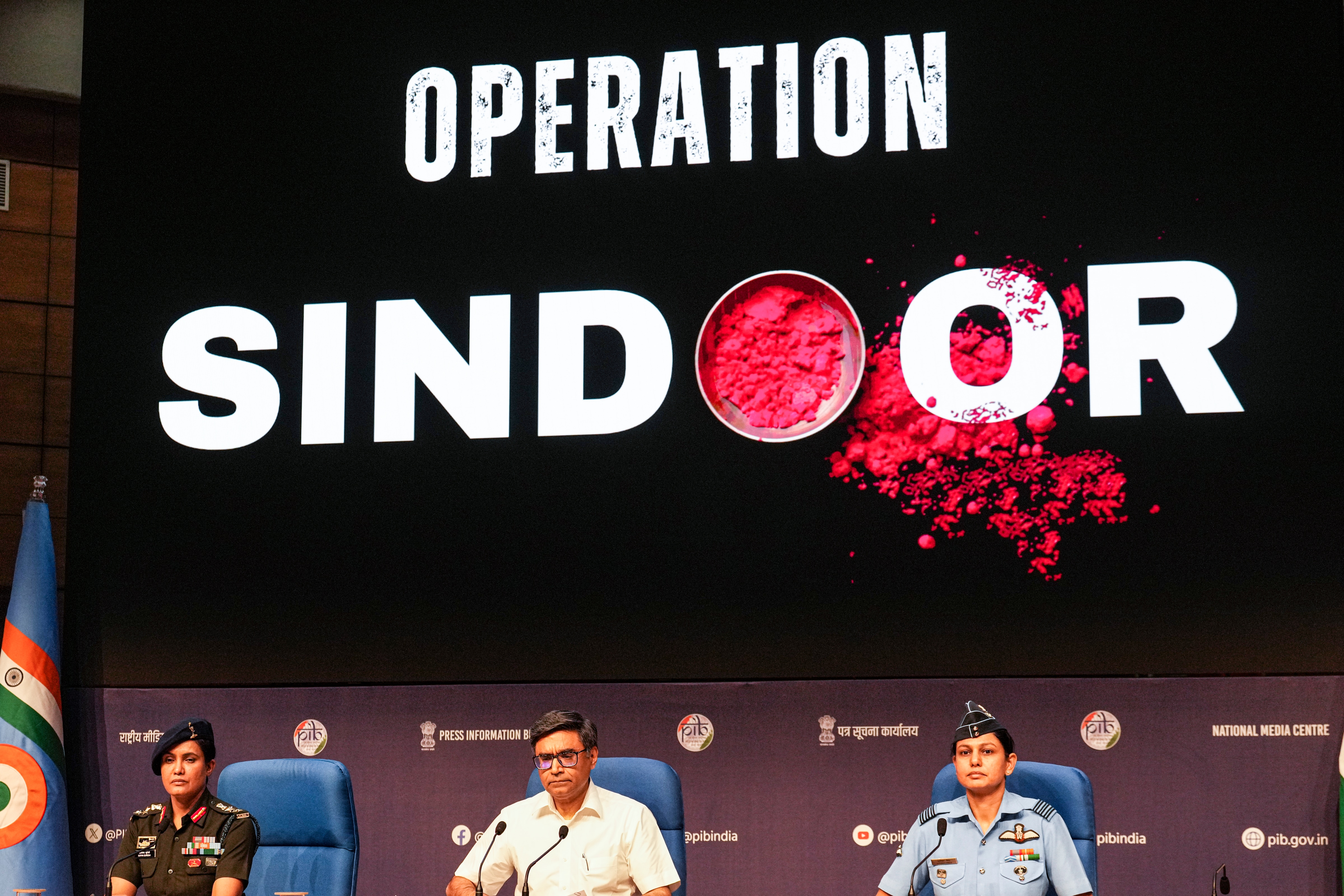 Foreign secretary Vikram Misri (centre) with Indian Army officer Colonel Sofiya Qureshi (left) and Indian Air Force officer Wing Commander Vyomika Singh (right) addressing the media after ‘Operation Sindoor’ on May 7. (File Photo/PTI)
