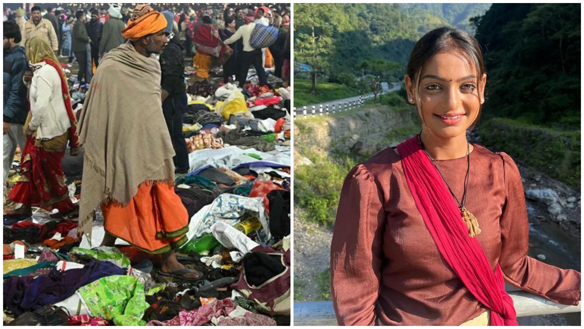 L- People scrambled through the luggage and clothes to find their belongings left behind at the site of the stampede that broke out in the wee hours of January 29, 2025 during the Maha Kumbh Mela festival in Prayagraj. 

R- Monalisa, who was a garland seller at the Maha Kumbh, who became an internet sensation for her striking appearance. (AFP/Instagra-@monalisabhosle_official)