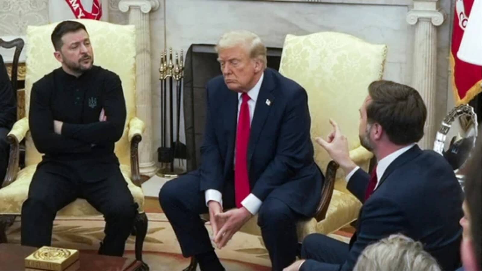 US Vice President JD Vance, right, speaks with Ukrainian President Volodymyr Zelensky, left, as President Donald Trump listens, in the Oval Office at the White House (AP) US Vice President JD Vance, right, speaks with Ukrainian President Volodymyr Zelensky, left, as President Donald Trump listens, in the Oval Office at the White House (AP)