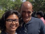 Puja Kolluru all smiles as she poses with Akshaye Khanna on the set of Mahakali. 