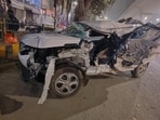The Maruti Brezza involved in the accident in Noida. (HT Photo) The Maruti Brezza involved in the accident in Noida. (HT Photo)