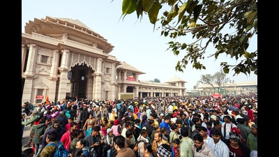 Devotees throng the Shri Ram Janmbhoomi Mandir to offer prayers on the first day of the New Year 2026, in Ayodhya on Thursday. (@ShriRamTeerthX) Devotees throng the Shri Ram Janmbhoomi Mandir to offer prayers on the first day of the New Year 2026, in Ayodhya on Thursday. (@ShriRamTeerthX)